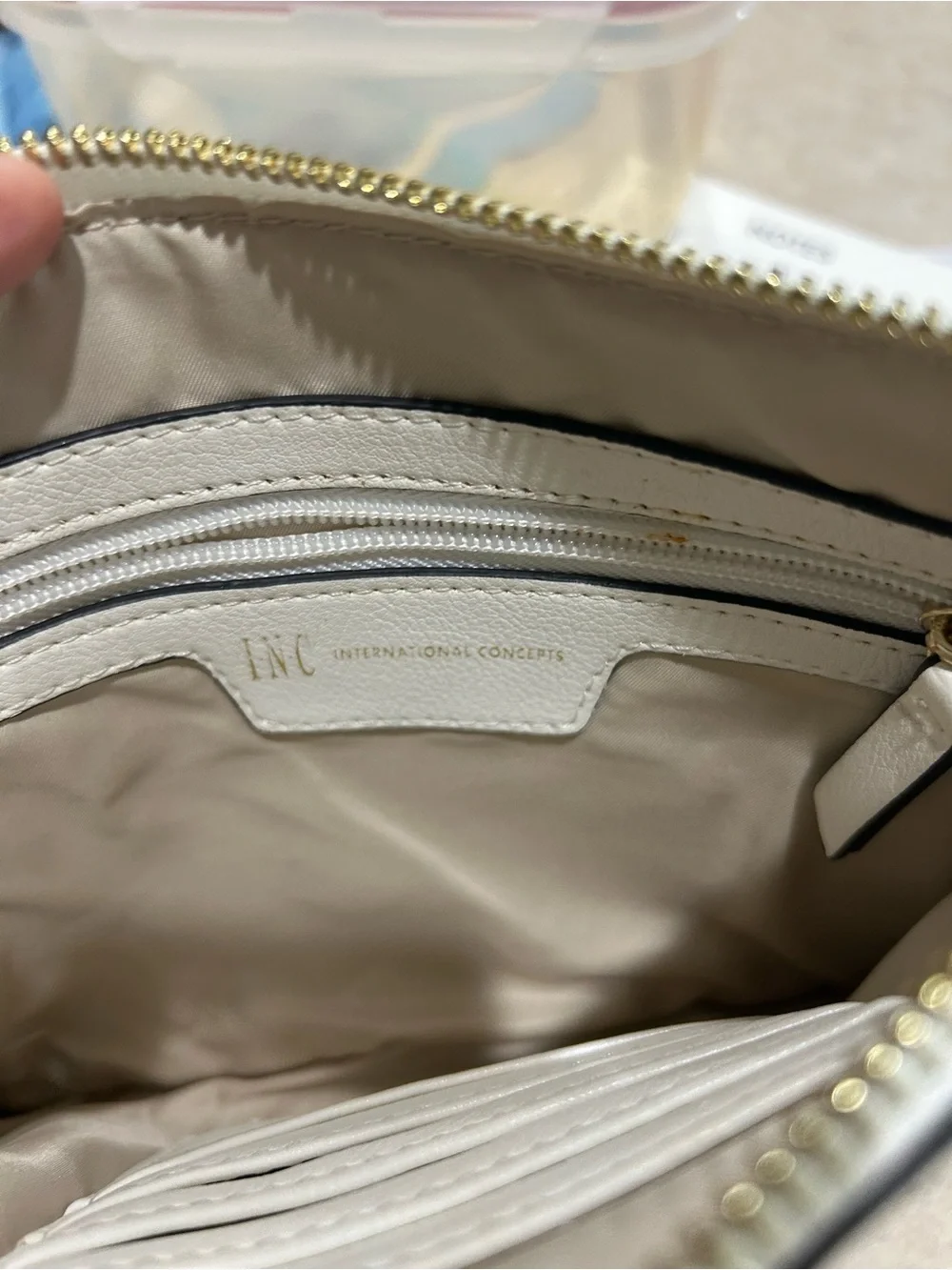 INC International Concepts White Leather Wristlet Clutch with Gold Studs